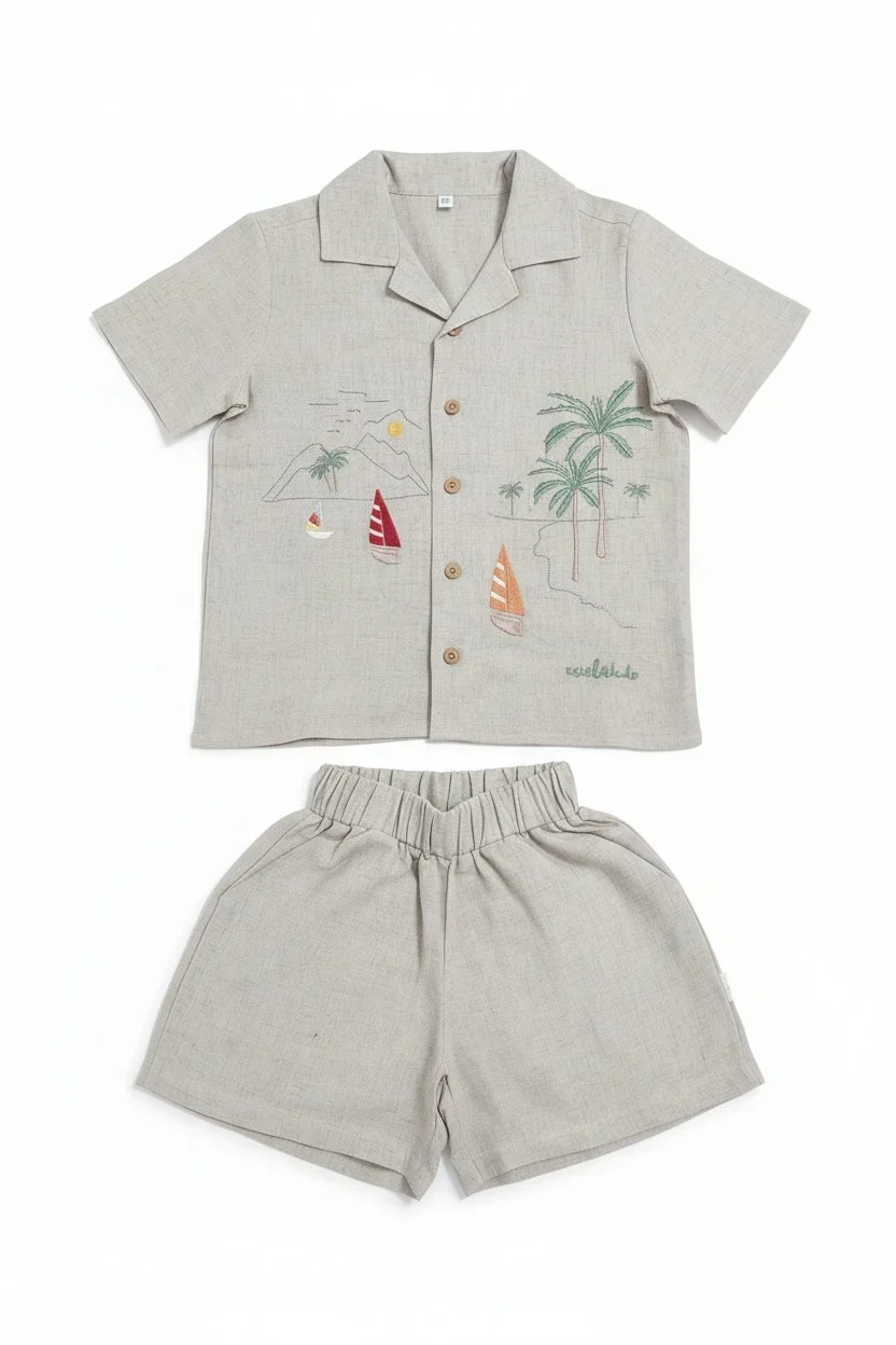 Miela Kids Palm Life Keten Gömlek ve Şort Takım