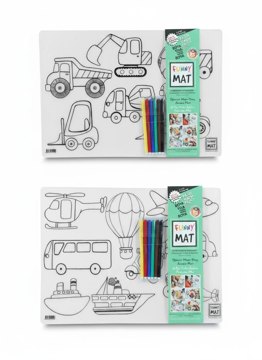Funny Mat 2li Set İş Makineleri & Taşıtlar 6'LI Kalem ile 48 x 33.5 cm