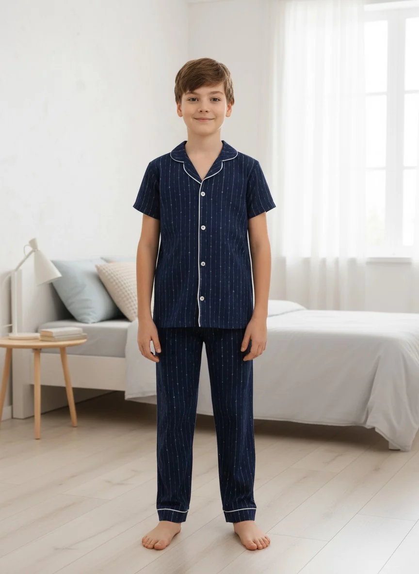 Vitmo Kısa Kol Düğmeli %100 Pamuklu Pijama Takımı Beta