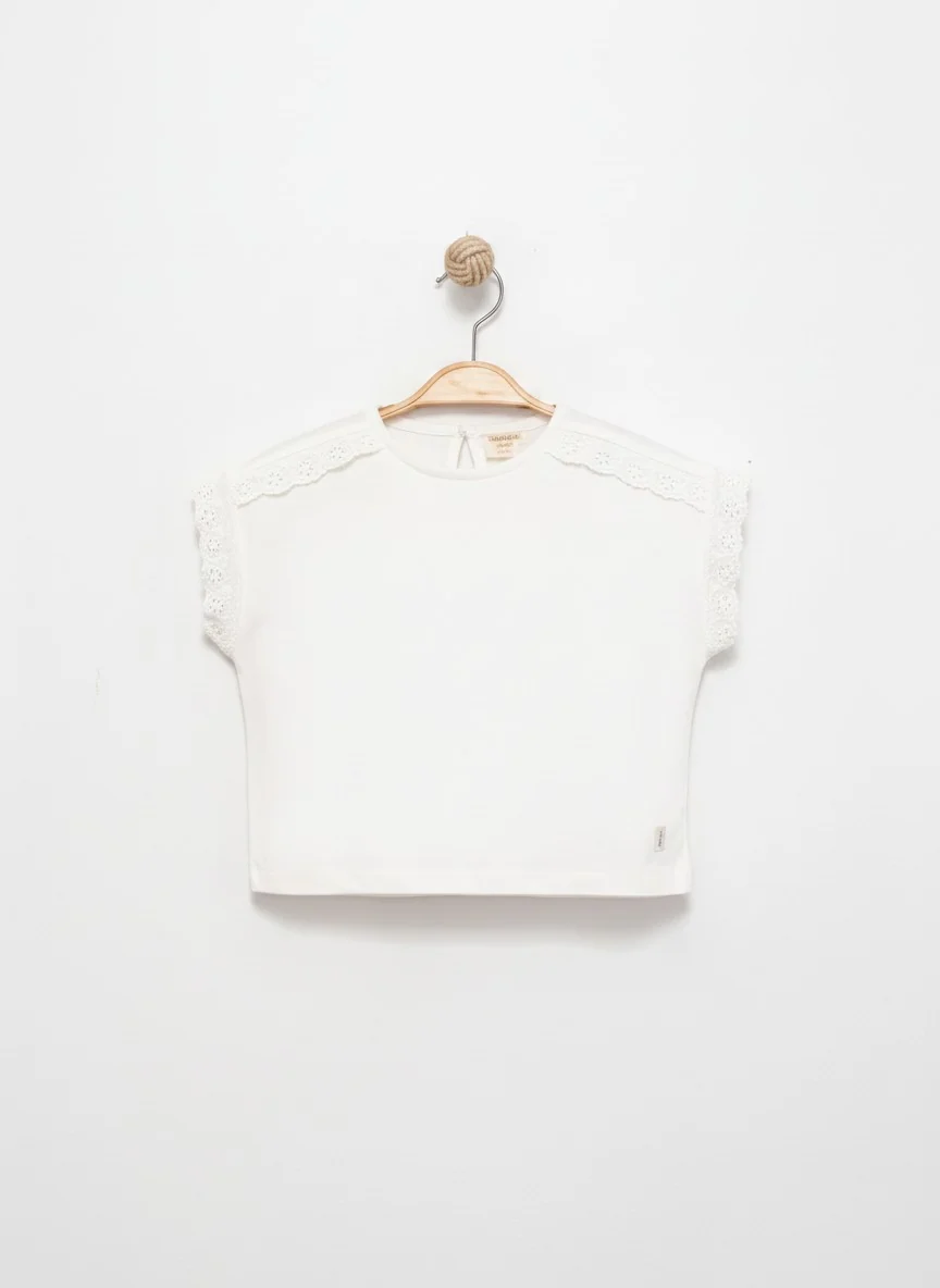 Nakışlı Crop Cotton T-Shirt Ekru 2738-2