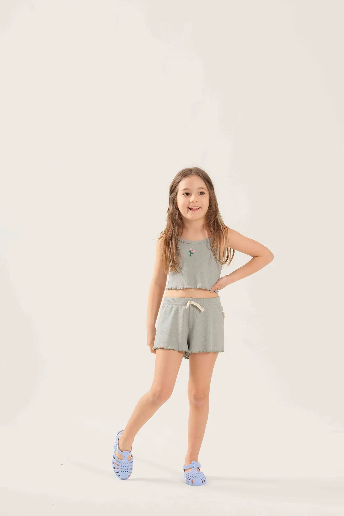 Flora Nakışlı Crop Fitilli Takım Mint