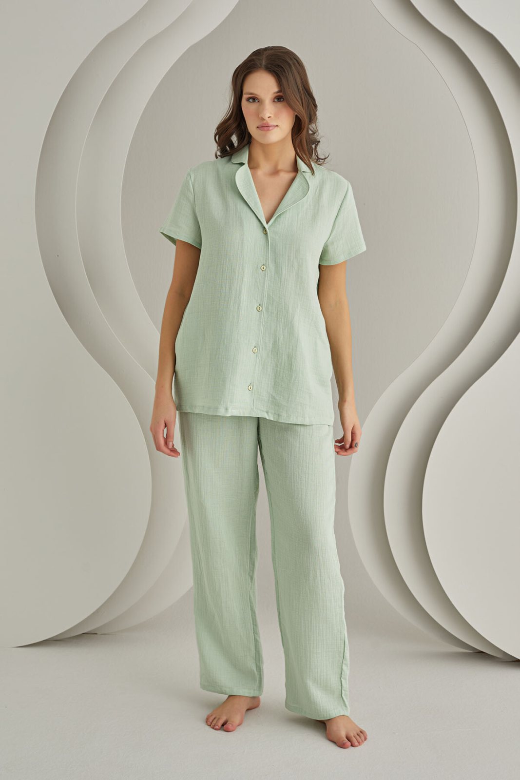 Nbb 68014 Yeşil Muslin Önden Düğmeli Kısa Kollu Pijama Takımı