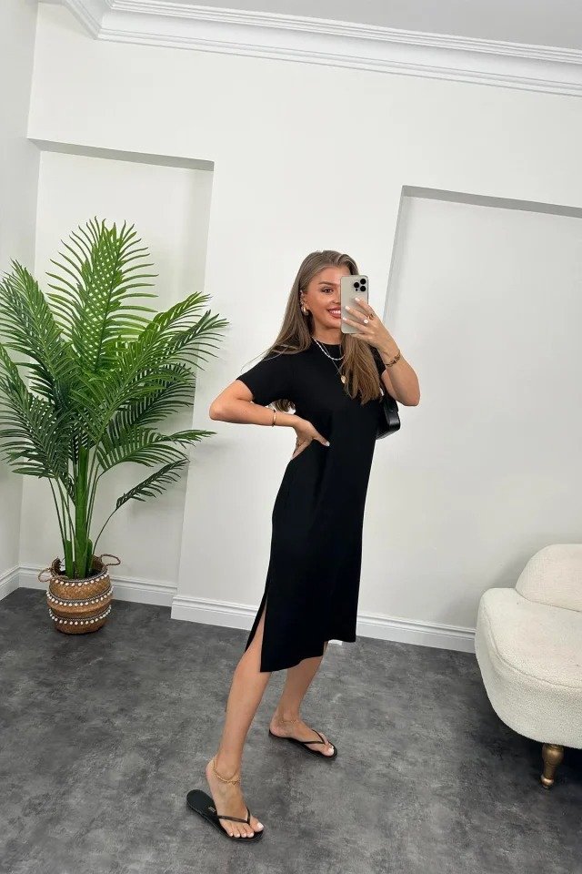 Girince 157502 Women's Short-Sleeve Slit-Detail Viscose Dress