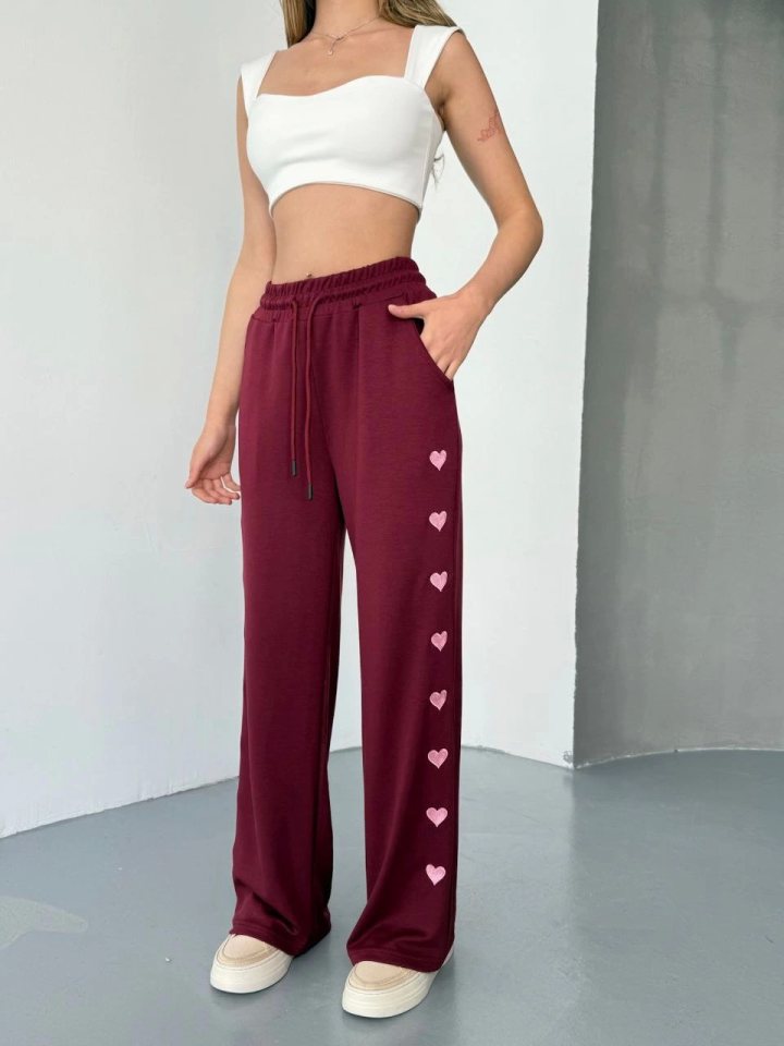 Osy Modal Yumuşak Dokulu Kumaş Nakış Işlemeli Rahat Bol Paça Eşofman Pantalon - Bordo