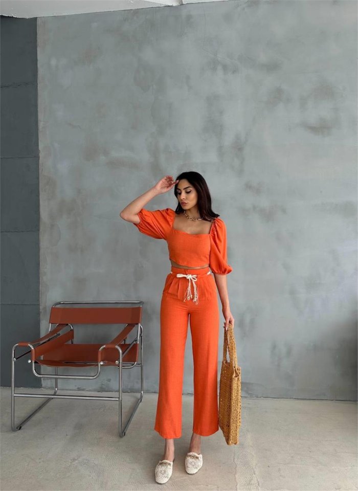 Keten Crop Karpuz Kol Bluz-Pantolon Hasir Kemerli - Orange