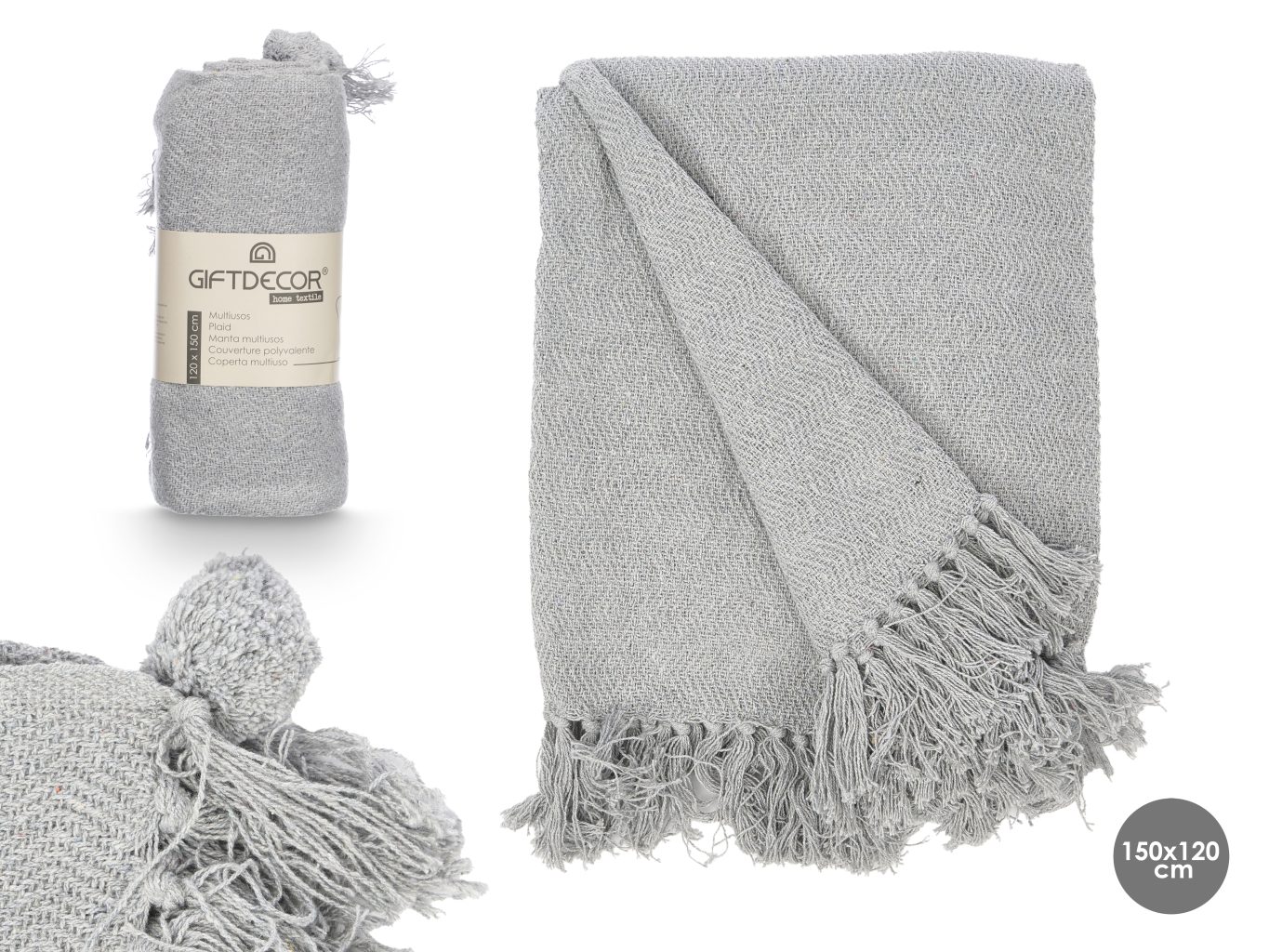 Giftdecor Çok Amaçlı Ponponlu Koltuk Şalı 120x150 cm Gri